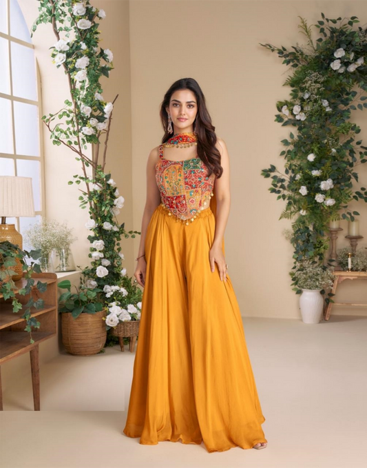 Women Mustard Real Chinon Silk Indo Western Outfit Dress