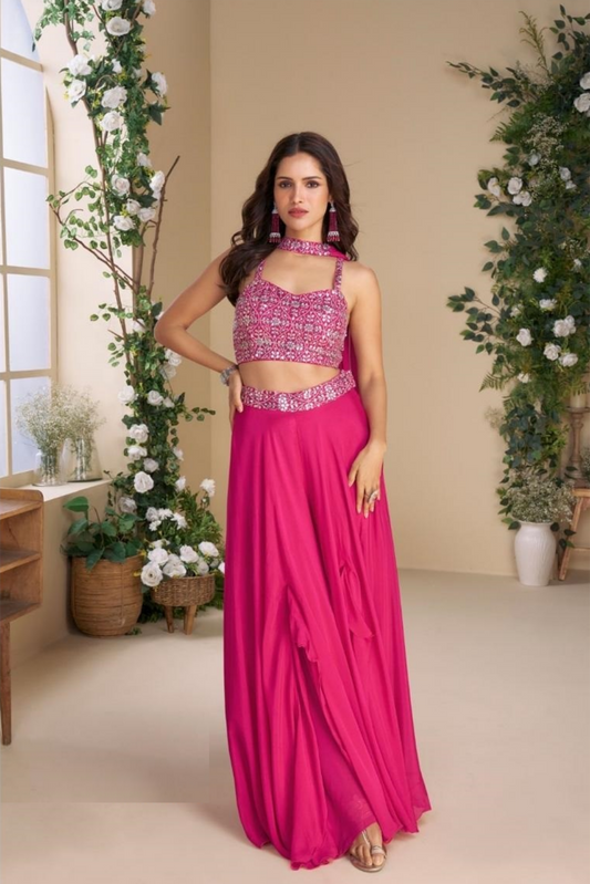 Women Pink Real Chinon Silk Indo Western Outfit Dress