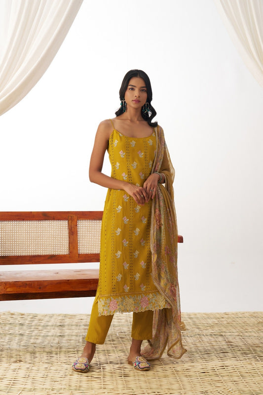 Women Mustard Pure Organza Spaghetti Sleeveless Suit Set