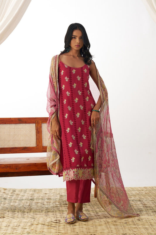 Women Dark Pink Pure Organza Spaghetti Sleeveless Suit Set