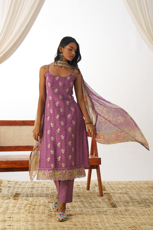 Women Violet Pure Organza Spaghetti Sleeveless Suit Set