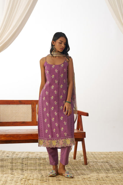 Women Violet Pure Organza Spaghetti Sleeveless Suit Set