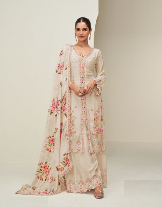 Women Beige Chinon Silk Palazzo Bottom Suit Set