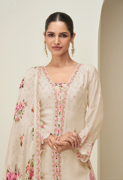 Women Beige Chinon Silk Palazzo Bottom Suit Set