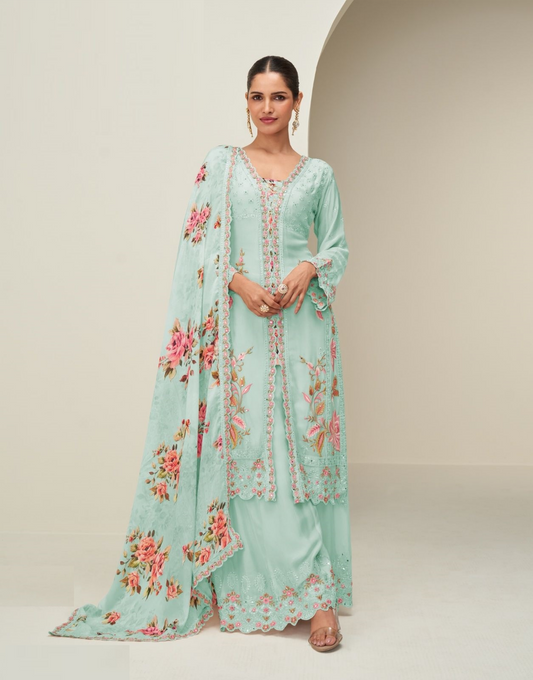 Women Sky Blue Chinon Silk Palazzo Bottom Suit Set