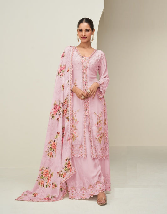 Women Pink Chinon Silk Palazzo Bottom Suit Set