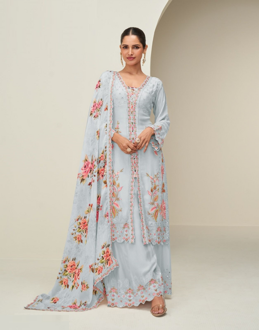 Women Light Blue Chinon Silk Palazzo Bottom Suit Set
