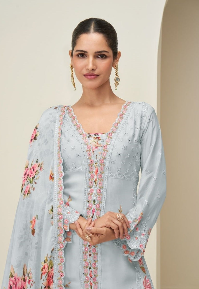 Women Light Blue Chinon Silk Palazzo Bottom Suit Set