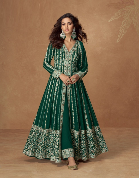 Breathtaking Green Chinon Silk Floor Length Suit Set