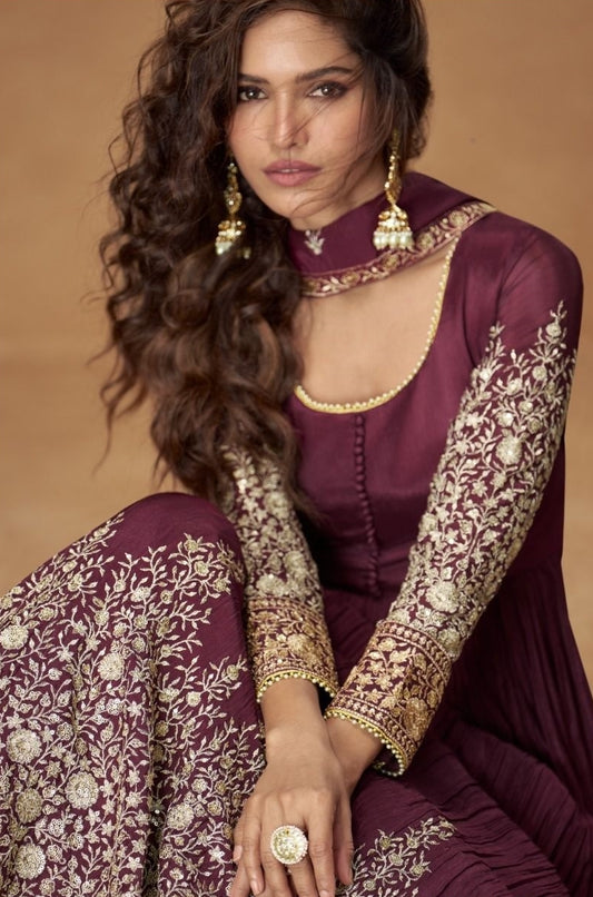 Gleaming Dark Purple Chinon Silk Floor Length Suit Set