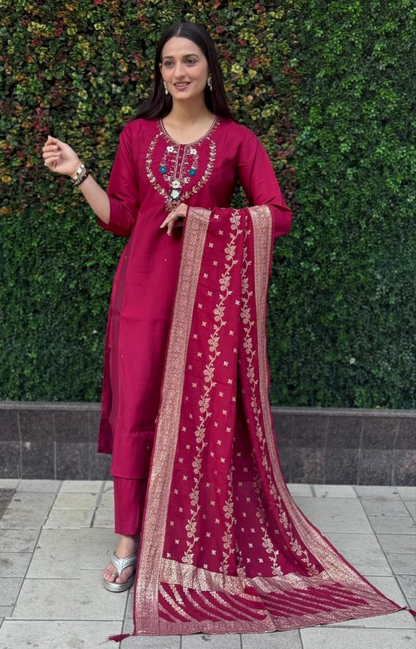 Women Pink Roman Silk Salwar Suit Set