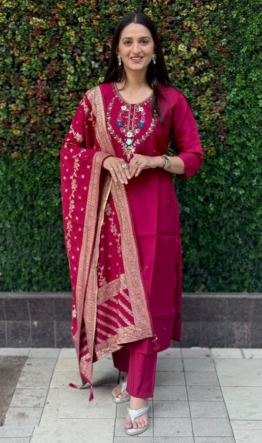 Women Pink Roman Silk Salwar Suit Set