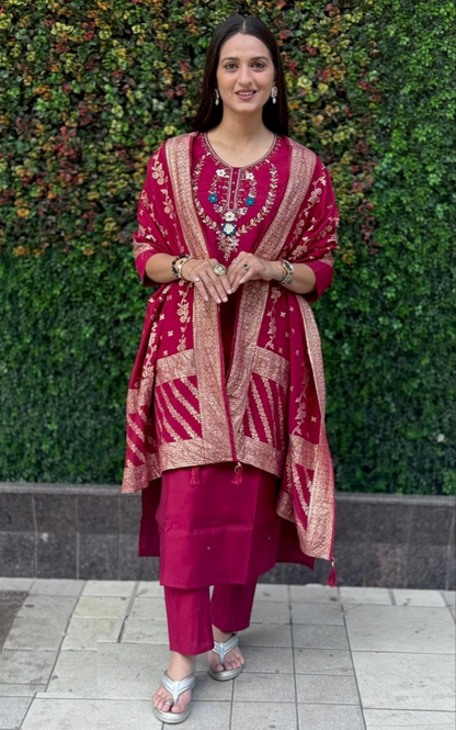 Women Pink Roman Silk Salwar Suit Set