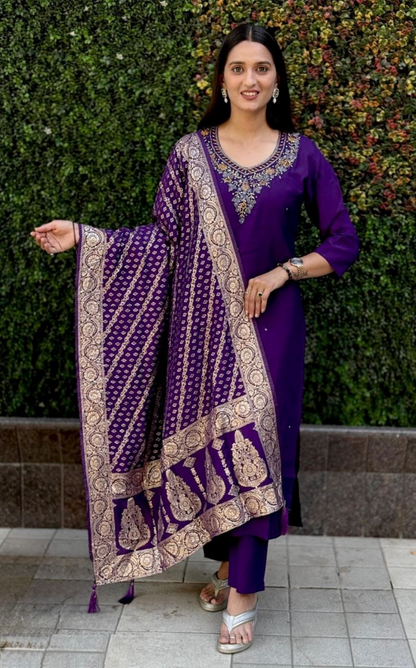Women Purple Roman Silk Salwar Suit Set