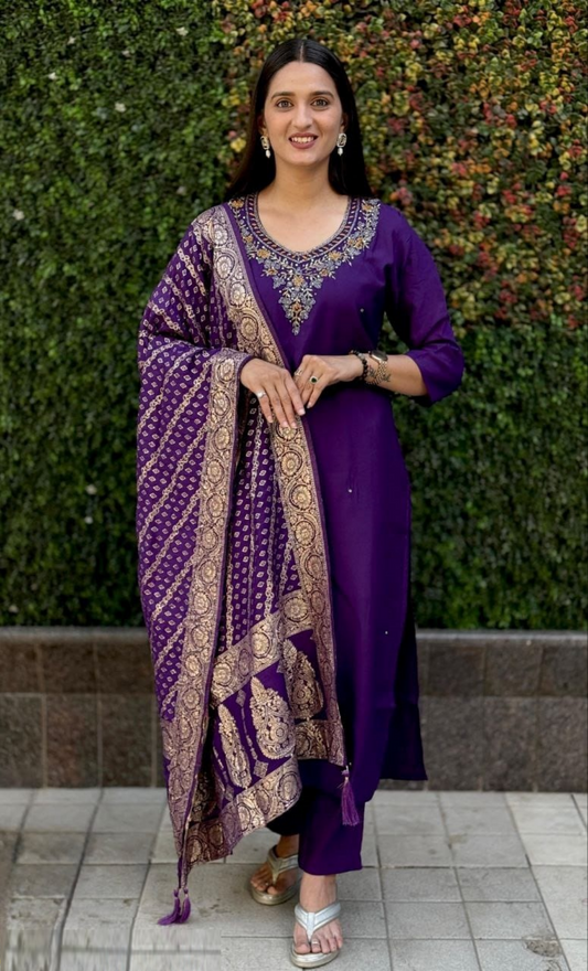 Women Purple Roman Silk Salwar Suit Set