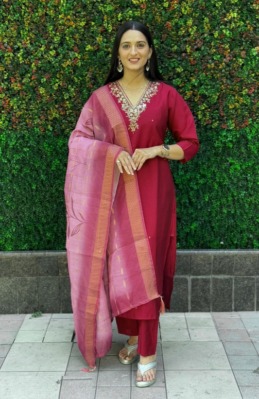 Women Dark Pink Roman Silk Salwar Suit Set