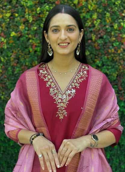 Women Dark Pink Roman Silk Salwar Suit Set