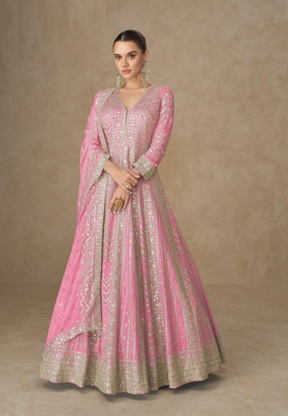 Contemporary Pink Chinon Gowns With Dupatt