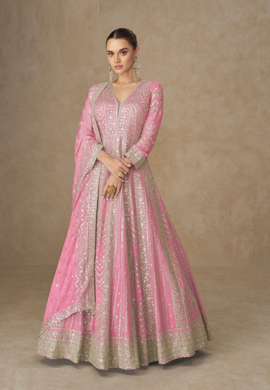 Contemporary Pink Chinon Gowns With Dupatt