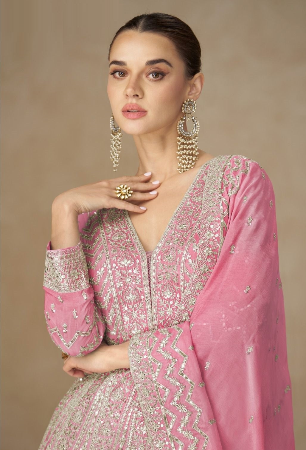 Contemporary Pink Chinon Gowns With Dupatt