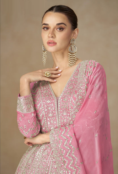 Contemporary Pink Chinon Gowns With Dupatt