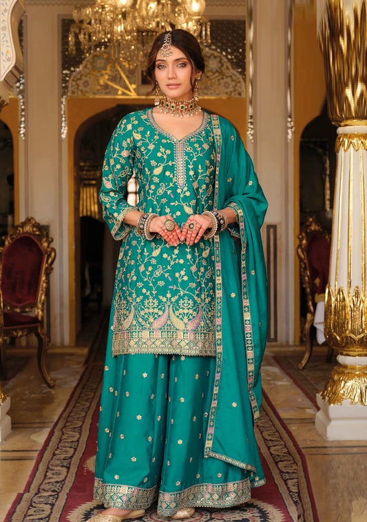 Women Teal Chinon With Embroidery Work Palazzo Bottom Suit Set