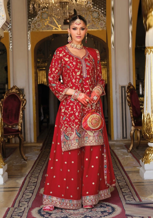 Women Red Chinon With Embroidery Work Palazzo Bottom Suit Set
