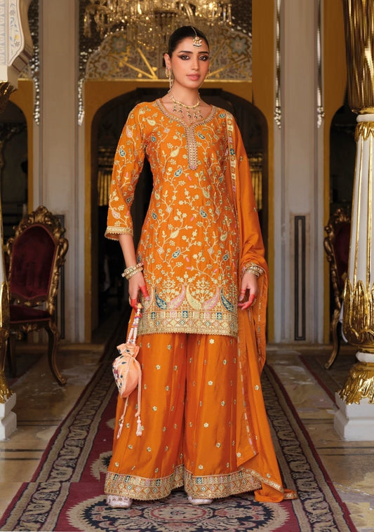 Women Orange Chinon With Embroidery Work Palazzo Bottom Suit Set