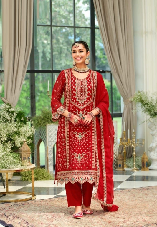Women Maroon Organza With Embroidery Work Pant Bottom Suit Set