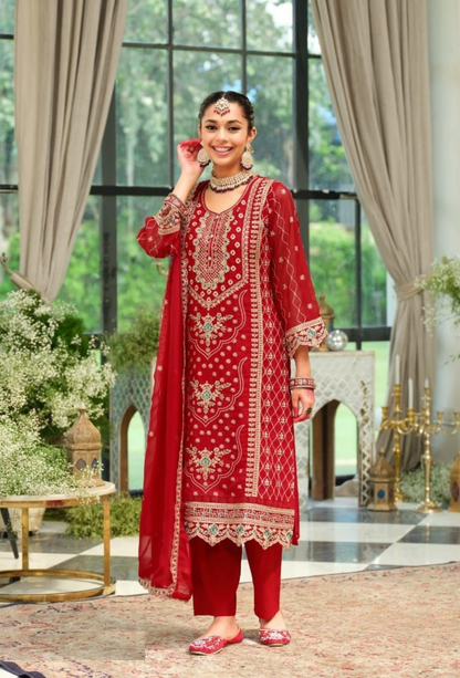 Women Maroon Organza With Embroidery Work Pant Bottom Suit Set