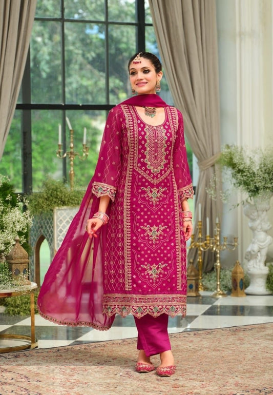 Women Pink Organza With Embroidery Work Pant Bottom Suit Set
