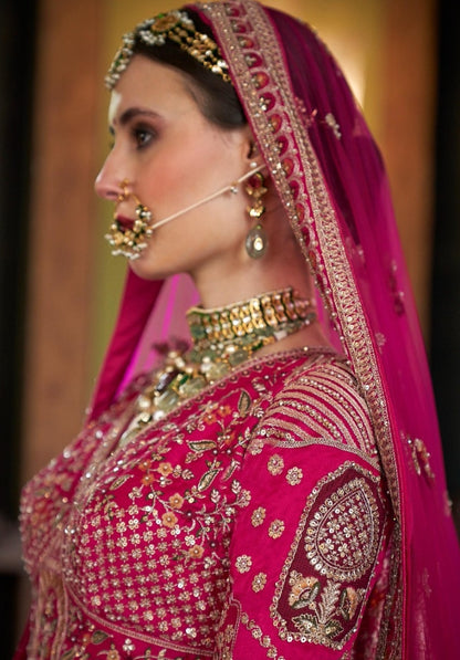 Magnificent Pink Bridal tone Silk Sequins Embroidery Zari Weaving Work Bridal Lehenga