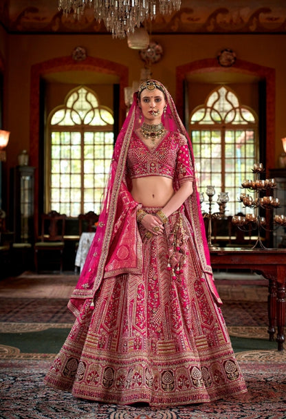 Magnificent Pink Bridal tone Silk Sequins Embroidery Zari Weaving Work Bridal Lehenga