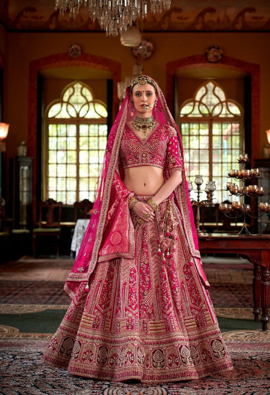 Magnificent Pink Bridal tone Silk Sequins Embroidery Zari Weaving Work Bridal Lehenga