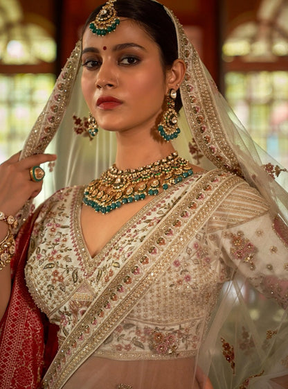 Chic Cream Bridal tone Silk Sequins Embroidery Zari Weaving Work Bridal Lehenga