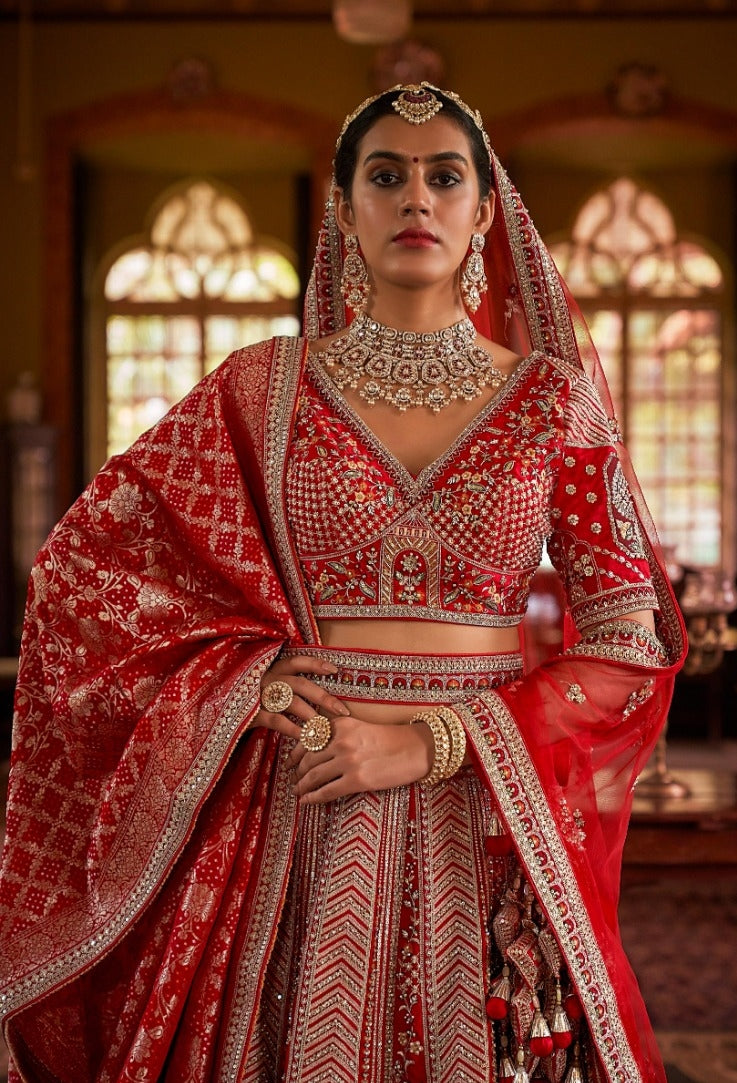 Elegant Red Bridal tone Silk Sequins Embroidery Zari Weaving Work Bridal Lehenga