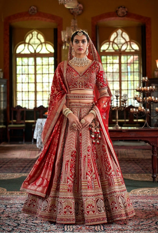 Elegant Red Bridal tone Silk Sequins Embroidery Zari Weaving Work Bridal Lehenga