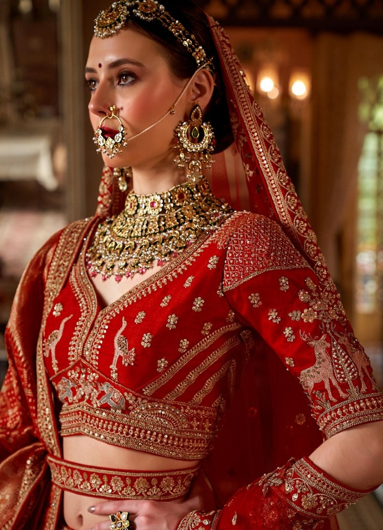 Timeless Red Bridal tone Silk Sequins Embroidery Zari Weaving Work Bridal Lehenga