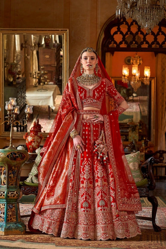 Timeless Red Bridal tone Silk Sequins Embroidery Zari Weaving Work Bridal Lehenga