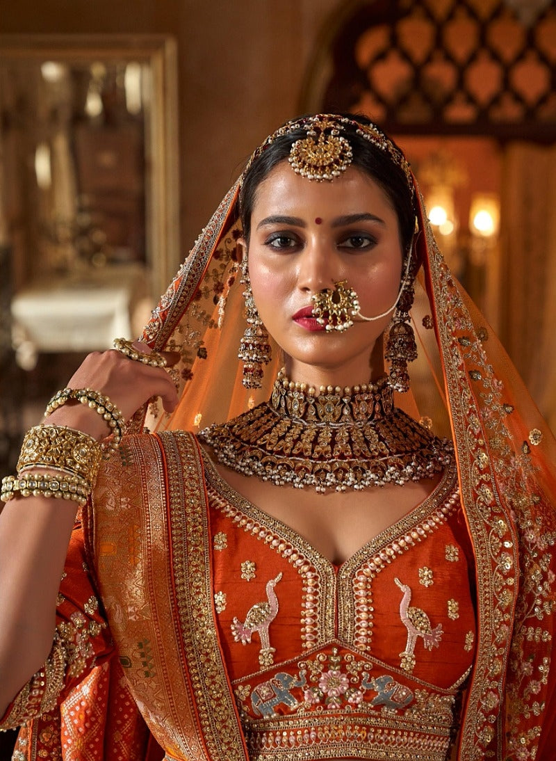 Sophisticated Orange Bridal tone Silk Sequins Embroidery Zari Weaving Work Bridal Lehenga