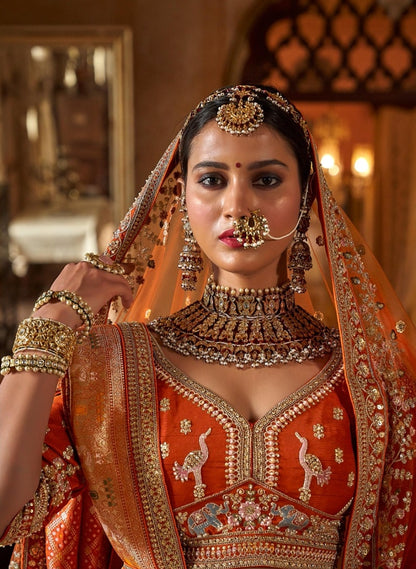 Sophisticated Orange Bridal tone Silk Sequins Embroidery Zari Weaving Work Bridal Lehenga