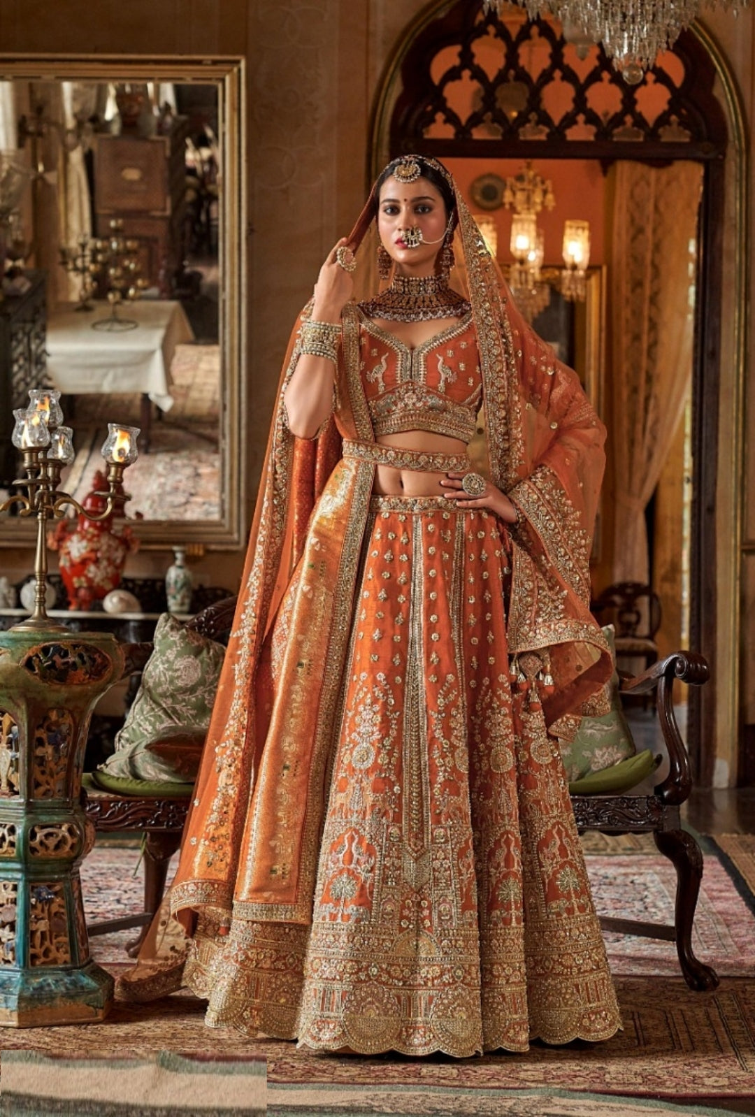 Sophisticated Orange Bridal tone Silk Sequins Embroidery Zari Weaving Work Bridal Lehenga