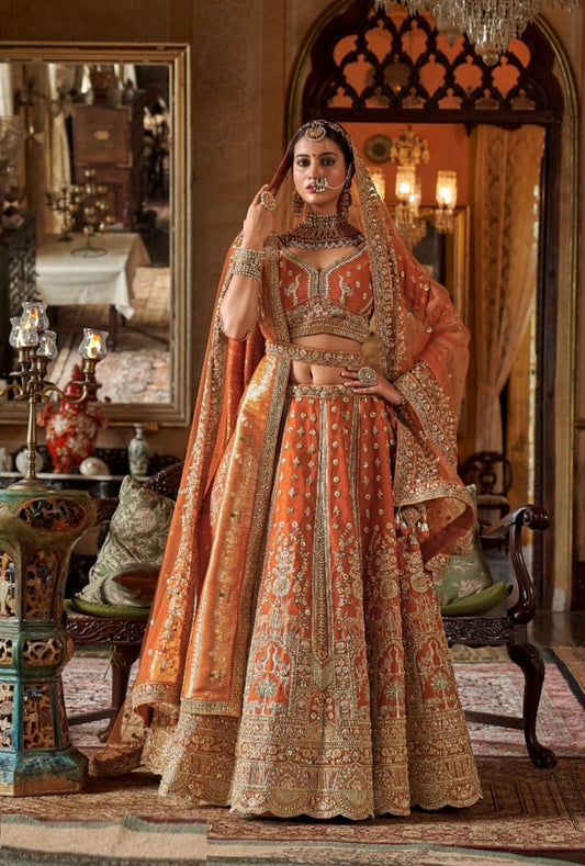 Sophisticated Orange Bridal tone Silk Sequins Embroidery Zari Weaving Work Bridal Lehenga