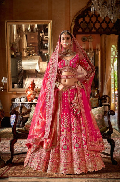 Luxurious Pink Bridal tone Silk Sequins Embroidery Zari Weaving Work Bridal Lehenga