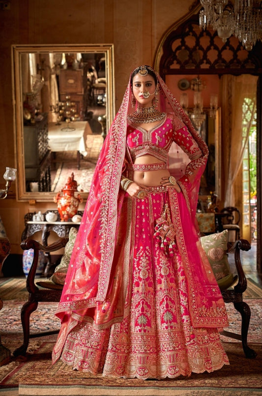 Luxurious Pink Bridal tone Silk Sequins Embroidery Zari Weaving Work Bridal Lehenga
