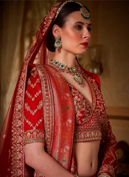 Tailored Red Bridal tone Silk Sequins Embroidery Zari Weaving Work Bridal Lehenga