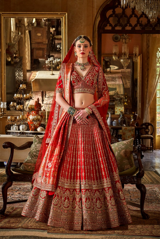 Tailored Red Bridal tone Silk Sequins Embroidery Zari Weaving Work Bridal Lehenga