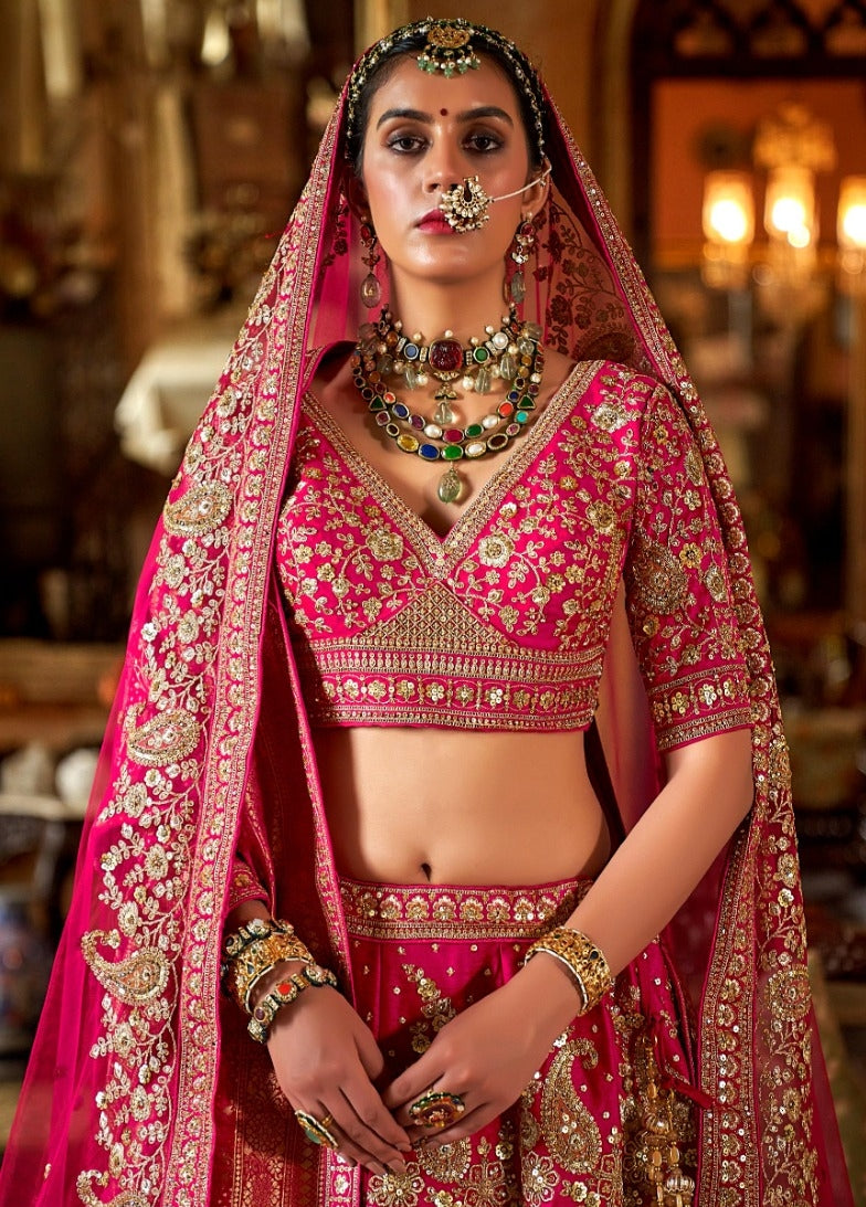 Polished Pink Bridal tone Silk Sequins Embroidery Zari Weaving Work Bridal Lehenga