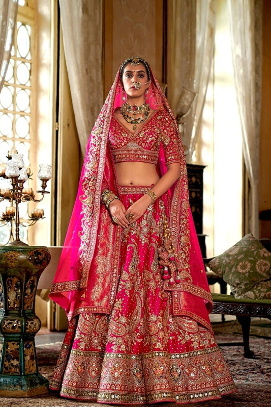 Polished Pink Bridal tone Silk Sequins Embroidery Zari Weaving Work Bridal Lehenga
