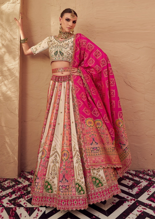 Graceful Cream Banarasi Silk Bridal Lehenga